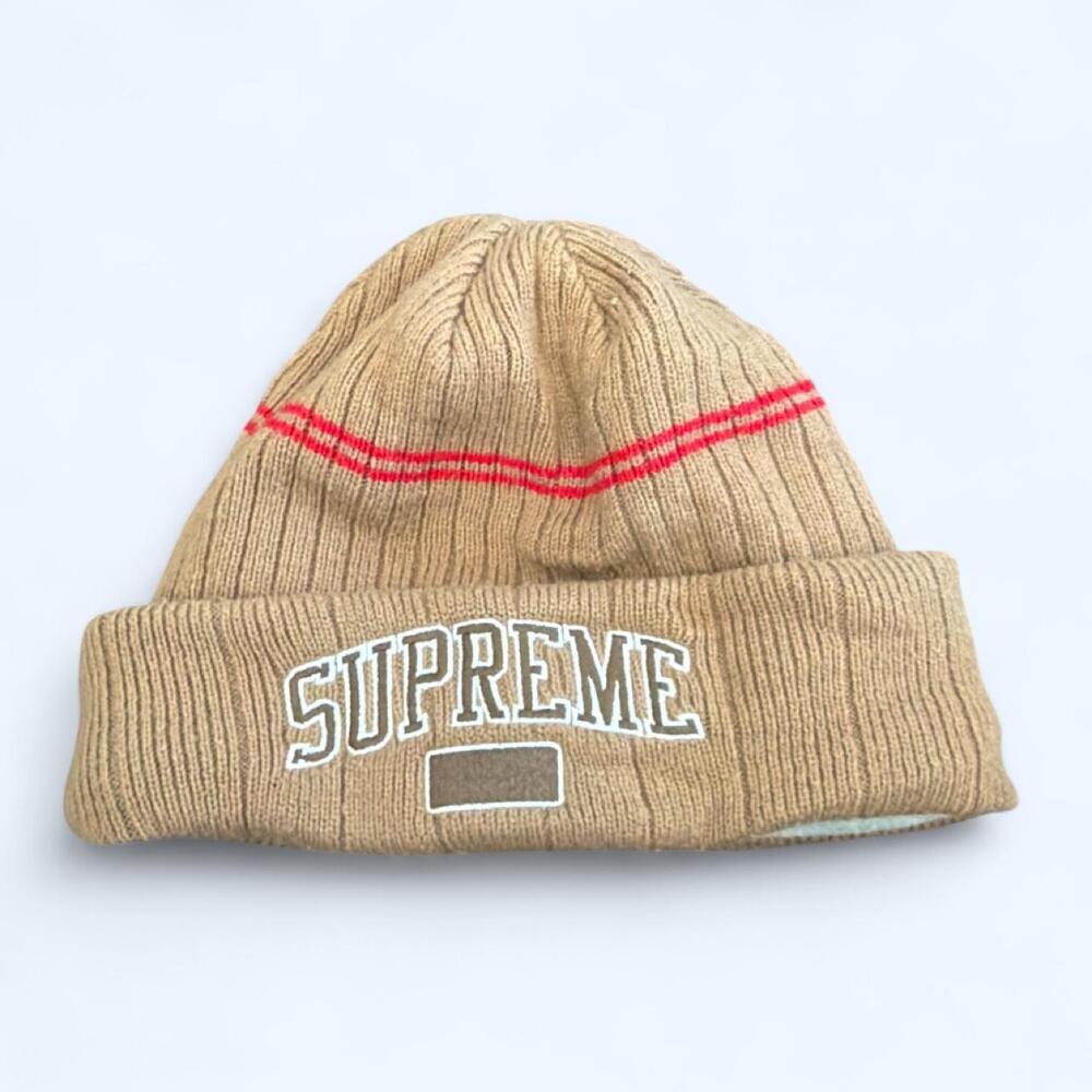 Supreme Collegiate Logo Ribbed Beanie – Brown/Khaki